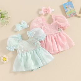 Clothing Sets Baby Girls Sequins Short Sleeve Organza Skirt Hem Rompers Dress With Headband Summer 2 Pieces Set For 0-18 Months