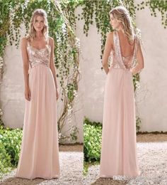 2019 Sparkly Rose Gold Sequin Country Style Bridesmaid Dress Chiffon Maid of Honor Dress Wedding Guest Gown Custom Made Plus Size5264006