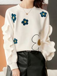 Velvet Sweatshirt O Neck Long Sleeve Ruffles Pullovers Girls Beige Top Fall Winter Casual Loose Floral Poncho Korean Chic 240228