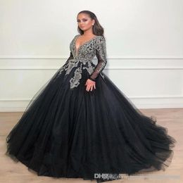 African Black Ball Gown Evening Dresses 2019 Formal Long Sleeve Deep V Neck Luxury Beading Crystal Tulle Arabic Prom Gowns Vestido5624649