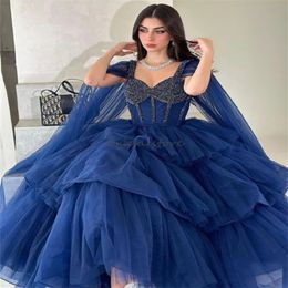 Navy Blue Saudi Arabic Evening Dresses 2024 Cape Sleeves A Line Tiered Tulle Maxi Prom Dress Ankle Length Beaded Formal Birthday Party Dress Turkish Vestios Gala Chic