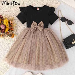 Girl's Dresses MiniFox Childrens Party Dresses Summer 2024 Bows Printed Black Dress For Girls Evening Gown Dress Kids Clothes Girls yq240327