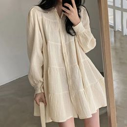 Long Sleeve Dress Women Ins Spring Lovely Solid Aline Ruffles Korean Apricot Fashion Retro Turndown Collar Clothes 240318