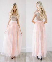 Latest 2017 Light Peach Tulle Sequined Top Bridesmaid Dresses Long Cheap Short Sleeve Pleats Ankle Length Maid Of Honour Gowns Cust9640448