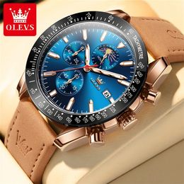 OLEVS 9980 Mens Watches 44mm Big Dial Waterproof Luminous Moon Phase Calendar Leather Strap TOP Brand Quartz Wristwatch for Man 240318