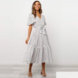 Basic & Casual Dresses Women Pleated V-Neck Polka Short Sleeve Dress Spring And Autumn Clothes Y Drop Delivery Apparel Women'S Clothi Dhbgh
