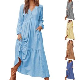 Casual Dresses Women Vintage Loose Cotton Linen Elegant Solid V Neck Long Sleeve Shirt Dress Flowy Maxi Robe Femme