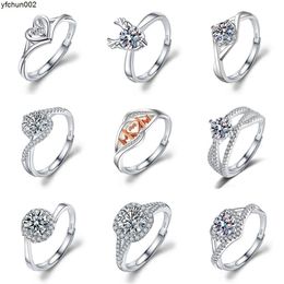 Live Imitation S925 Pure Silver Mosang Stone Ring for Women with Adjustable Six Claw Zirconia Wedding and Diamond Opening 2jm6