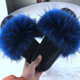 Slippers Slippers Fasion ome Outdoor Womens Fur Slide Soes Plus Fox Air Fluffy Sandals Winter Warmth H240326D5Q2