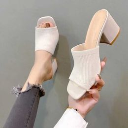 Slippers Slippers Women 2024 New Summer Triangle Thick Heel Sexy Square Toe Dress Party Shoes High Heels Knitting Casual Pumps Size 35-41 H240326UPX9