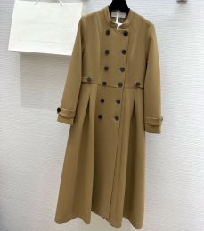 2024 Autumn Women's Khaki Double breasted Small Standing Neck Folded Fashion Elegant Slimming Long sleeved Mid length Dress