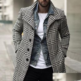 Men'S Trench Coats Mens Fashion Plaid Lapel Single Breasted Long Coat Winter Jacket Men Overcoat Drop Delivery Apparel Clothing Outerw Dhsda