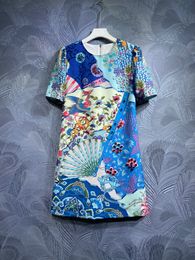 2024 Autumn Floral Print Rhinestone Dress Blue Short Sleeve Round Neck Short Casual Dresses T4M182252