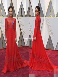 89th Annual Academy Awards Ruth Negga Red Lace Celebrity Dresses Royal High Neck Long Sleeve Floor Length Red Carpet Dresses Cheap3779598