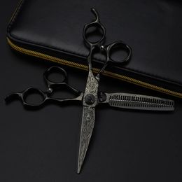 Professional 6 Upscale Black Damascus hair scissors cutting barber makas tools haircut thinning shears hairdresser 240315