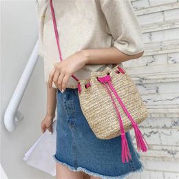 Shoulder Bags Summer Women Tassel Portable Slung Bag Retro Drawstring Bucket Handbag