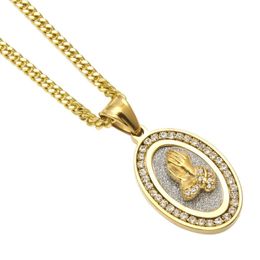 Stainless Steel Iced Out Oval Hands Pendant Mens Hip hop Jewelry Bling Rhinestone Crystal Golden Pendant Necklace Cuban Chain292I