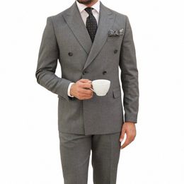 grey Suits For Mens Double Breasted Peak Lapel Formal Busin Blazer Wedding Groom Tuxedo 2 Piece Jacket Pants Terno Masculino p6Cn#