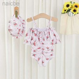 One-Pieces Kids Girl Flower Print Swimwear One Piece Casual Beachwear Bathing Suit With Hat Toddler Infant Summer Short Sleeve Swimsuit 24327