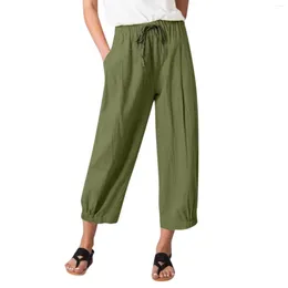 Women's Pants Summer Casual And Fashionable Cotton Linen Drawstring With Pockets Loose Straight Wide Leg