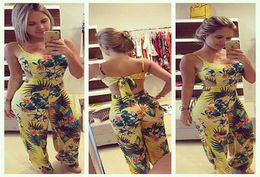 Whole 2016 Women Jumpsuits Rompers Lady Yellow Clubwear Summer Backless Bandage Playsuit Bodycon Party Trousers Size S to XL4801573