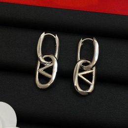 Women Luxury Designer Stud Hoops Silver Color Hollow V Letter Simple Style Brass Fashion Earrings Party Gifts
