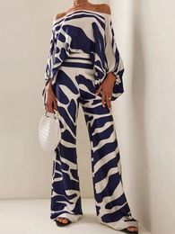 Women's Two Piece Pants Summer Casual Satin Print Suit Women Fashion Hollow Off Shoulder Tops With Long 2 Sets 2024 Spring Loose Outfits