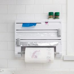 Racks 6 In 1 Kitchen Towel Paper Holder Aluminum Film Cutter Wraptastic Dispenser Cutting Foil Cling Wrap Shelf Wall Hang Rack Tool