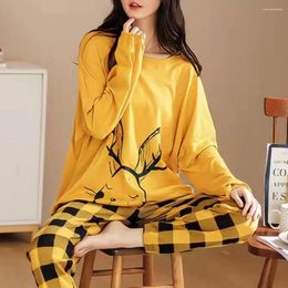 Women's Sleepwear Blouse Pants Set Breathable Mid-Rise Wide Leg Girls Cartoon Print Pullover Long Pajamas Sleeping