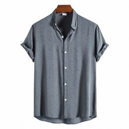 2023 Summer New Men Soild Color Shirts Fi Streetwear Men Short Sleeve Shirts Male Casual Stand Collar Camisas Para Hombre N9hG#