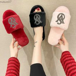 Sandals 2023 Slide Womens House Slide Warm Slide Womens Winter Crystal Fur Home Shoes Womens Slide Leisure Plush ComfortableL2403