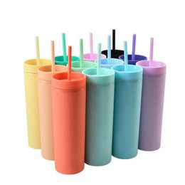 16oz Acrylic Skinny Tumbler Straws Cup With Lids Drinkware Fruit Juice Bottle Double Wall Plastic Cups Gift for Festival Party 240314