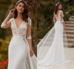 Neck Overskirts V Tulle Mermaid Wedding Dresses with Half Illusion Sleeves Lace Appliqued Boho Beach Bridal Gowns Elegant Satin Sexy Open Back Robes