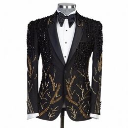 luxury Men's Suits Bespoke 2 Pieces Blazer Pants 1 Butt Sheer Notch Lapel Crystals Beads Diamds Jacket Pants Groom Tuxedos X2QW#