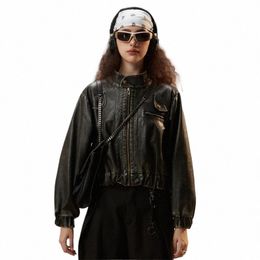 women's Vintage Bomber Chic Cropped Soft PU Faux Leather Gothic Racing Jackets Female Biker Motorcycle Baseball Coats Streetwear F6r4#