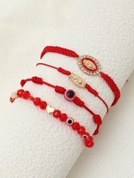 4pcs 패션 Virgin Mary Mary Hand Woven Bracelet for Women Girls Evil Eye Heart Beads Anklets Jewelry Gift