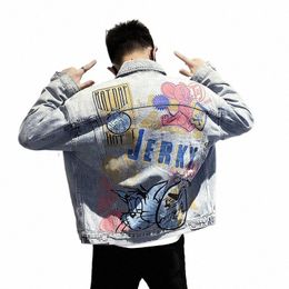 yasuguoji New 2022 Hip Pop Men Denim Jackets Japanese Carto Printed Loose Graffiti Jacket Frayed Coat Fi Jean Jacket Men U5Rc#