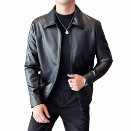 motocycle PU Leather Jacket For Men Busin Clothing Solid Turn-Down Collar y9aY#