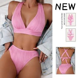 Women's Swimwear 2024 Summer European And American Solid Color Halter Strap Split Swimsuit Bikini For Women