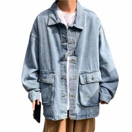 solid Black Grey Blue Butt Up Denim Coat Jeans Jacket Fall Casual Kpop Big Pocket Fi Windbreaker Chaqueta Woman Man Punk q5hs#