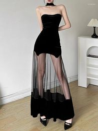 Casual Dresses Sexy Gauze Patchwork Velvet Long Women Dress Y2k Aesthetic Halter Backless Slim Waist Tunic Streetwear Vestido De Mujer