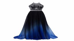 2022 Sexy Halter Gradient Prom Dresses With Long Chiffon Plus Size Ombre Evening Party Gowns Beaded Formal Party Wear Gown Laceup5091443