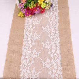 NEW 2024 Vintage Retro Burlap Linen Jute Event Party Supplies Grass Wedding New Year Cloth Tablecloth Christmas White Lace Table Runnerlace table runner for wedding