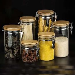 Jars Stainless steel clip jars with bamboo lids, high borosilicate glass jars, airtight food storage containers, seasoning jars