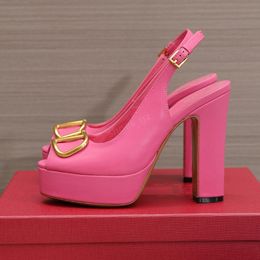 Platform gerçek deri gözetleme ayak parmakları pompalar ayakkabı sandalet yüksek topuklu ayak bileği kayış tıknaz topuklu ayakkabılar 130mm kadınlar lüks tasarımcılar akşam parti ayakkabıları