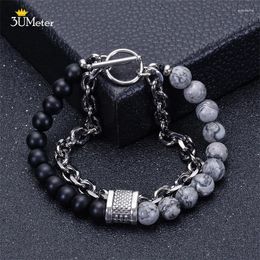 Link Bracelets 2024 Natural Map Stone Men's Beaded Bracelet Classic Stainless Steel OT Buckle Hip Hop Personality Jewelry For Man