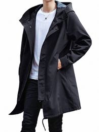 spring Autumn Lg Trench Coat Men Fi Hooded Windbreaker Black Overcoat Casual Jackets P4tE#