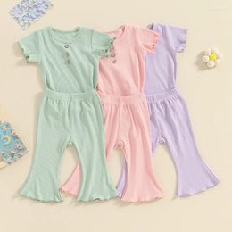 Clothing Sets Baby Girl Summer Outfits Solid Color Ribbed Short Sleeve T-Shirt And Elastic Flare Pants Cute 2 Piece Clothes