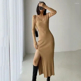 Casual Dresses Female Slim Dress Tight-fitting Hip-knit Over-the-knee Spring Long Sleeve French Slit Sweater Sexy Midi Fashion