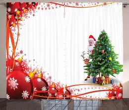 Curtains Santa Curtains Father Christmas and Reindeer Smiling Behind a Festive Pine Tree in Red Balls Frame Living Room Window Drapes